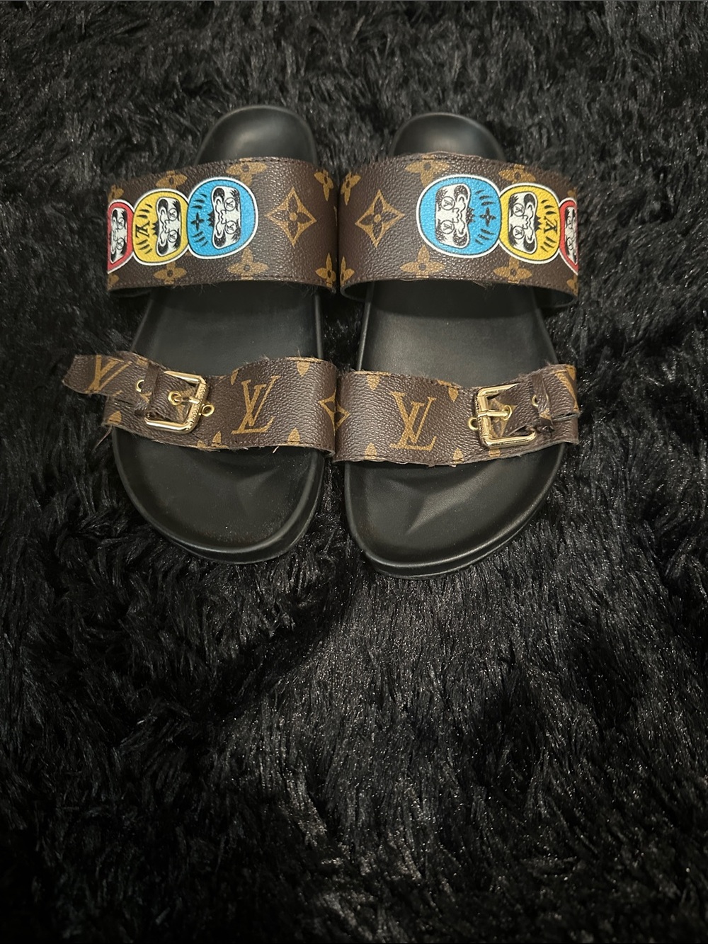 Louis Vuitton Brown Monogram Slide Sandals with Multicolor Badge Accents